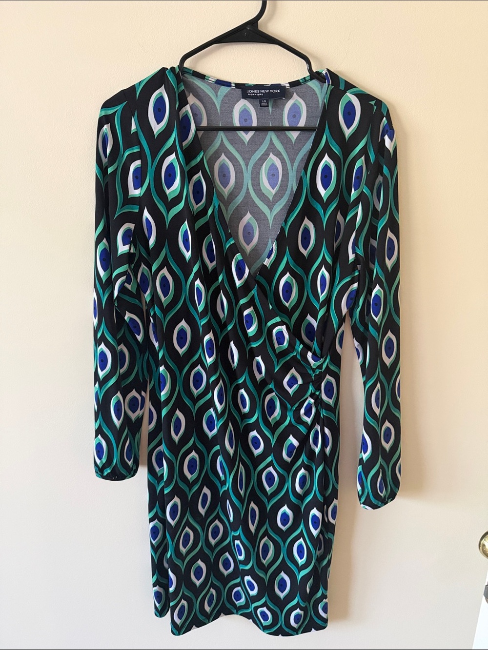 Jones New York Teal, Blue & Black Printed Long Sleeve Wrap Dress